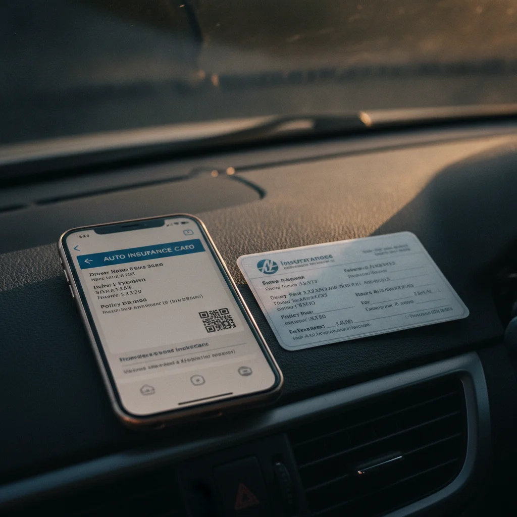Digital and physical auto insurance cards displayed on a car dashboard after a state move