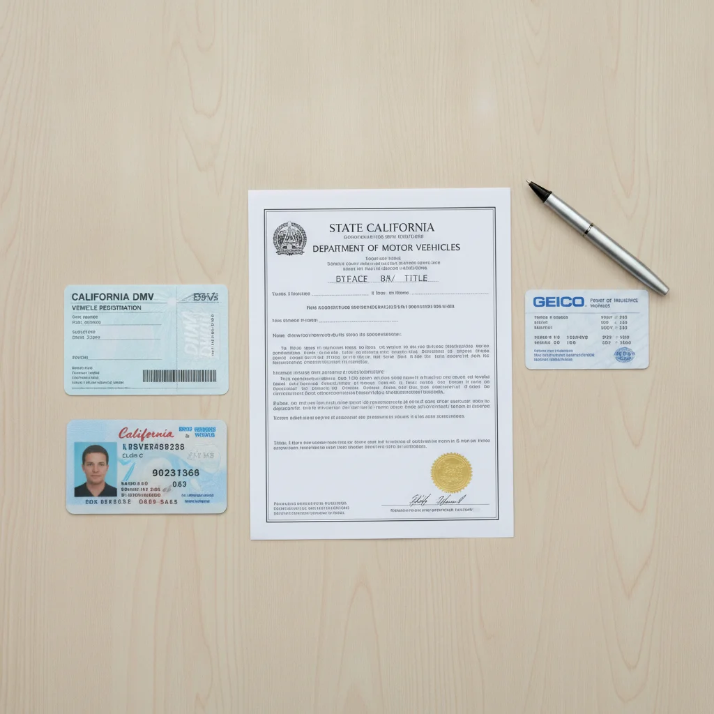 A flat lay of vehicle registration documents including title, insurance card, and ID ready for DMV