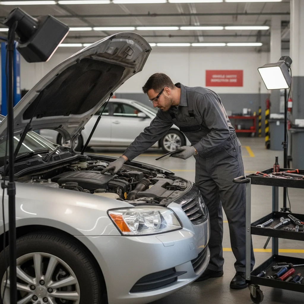 A mechanic inspecting the engine of a car during a state-required vehicle safety inspection