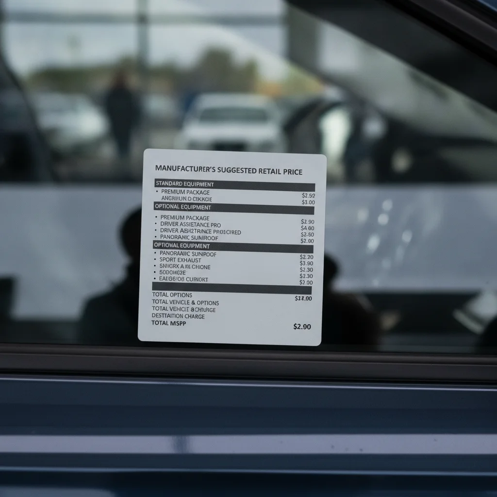 Monroney sticker on a car window showing MSRP and options pricing breakdown