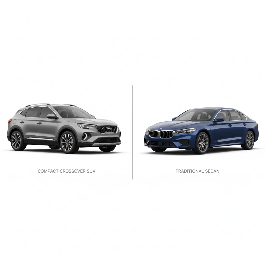 Side-by-side comparison of a crossover SUV and a sedan illustrating vehicle classification differences