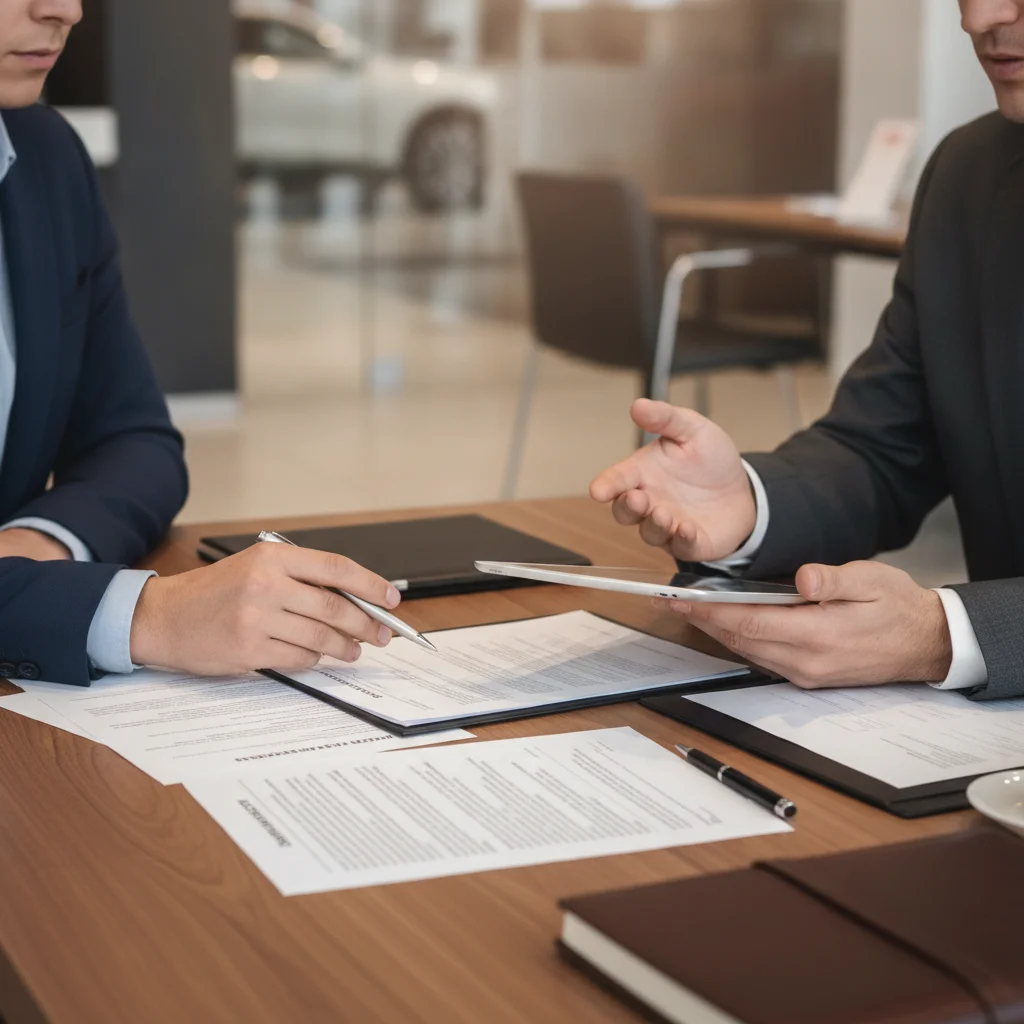 Car buyer and dealer reviewing EV purchase paperwork and tax credit documents at a dealership