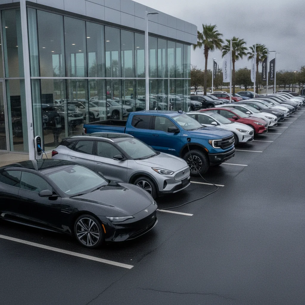 Multiple electric vehicles including sedans, crossovers, and a pickup truck parked at a dealership lot