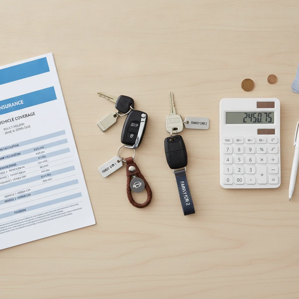 Two sets of car keys next to an insurance document and calculator on a wooden surface