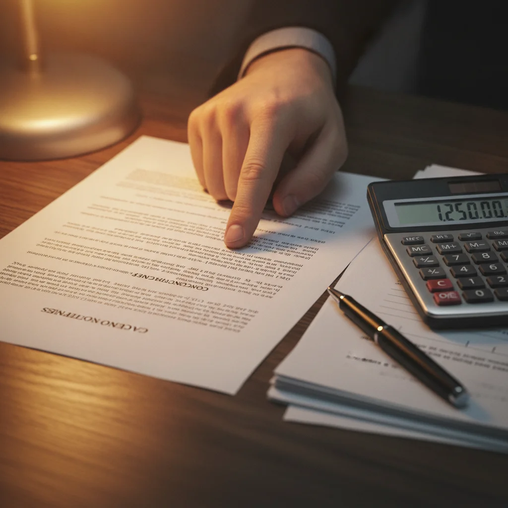 Person reviewing car insurance cancellation terms in a policy document with a calculator nearby