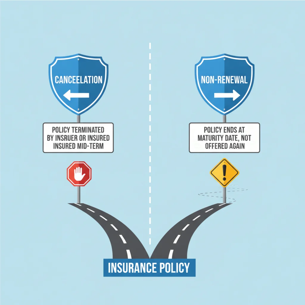 Illustrated road sign comparison showing the fork between policy cancellation and non-renewal paths