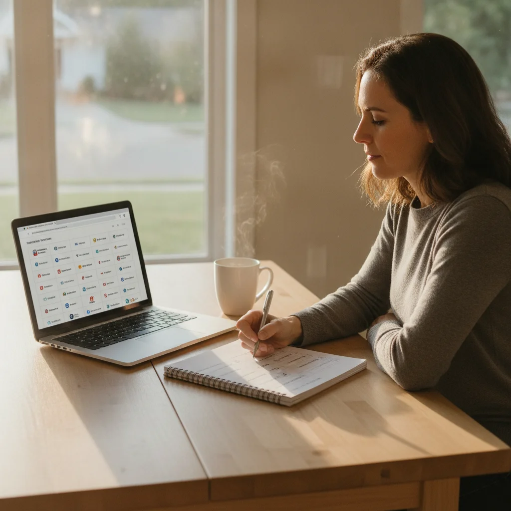 Driver using laptop to compare insurance policies at kitchen table with a written checklist nearby