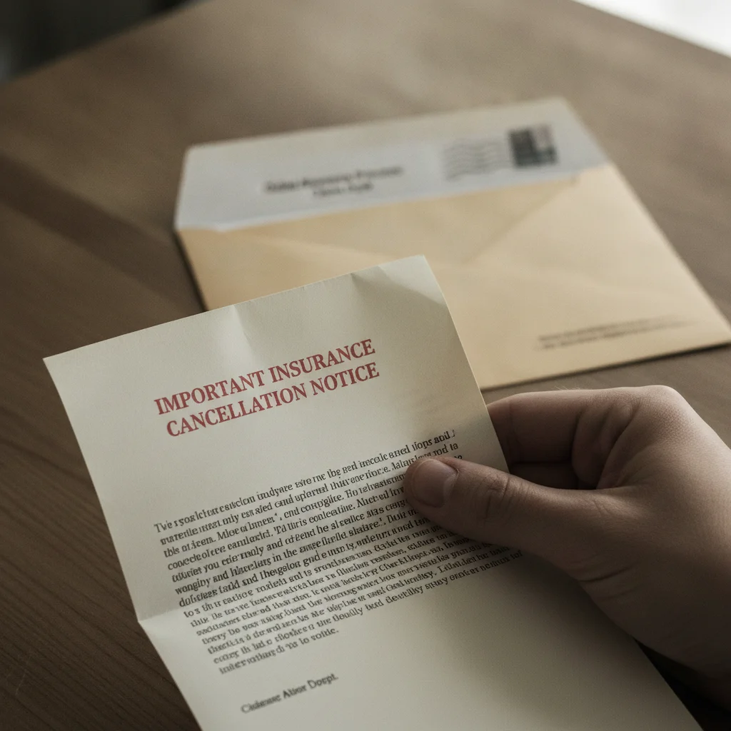 Hand holding an official car insurance cancellation notice letter with an envelope in the background