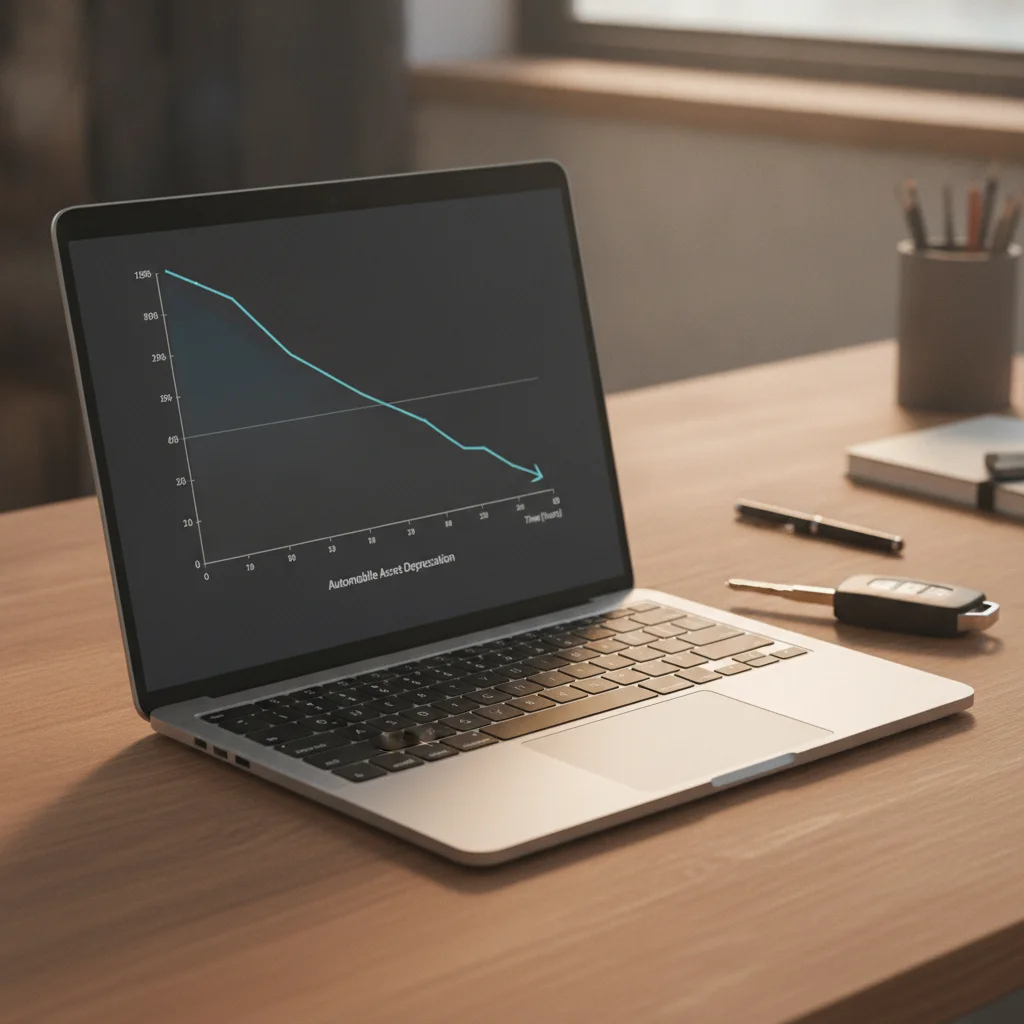A laptop screen showing a steep car depreciation curve graph beside a set of car keys on a desk.