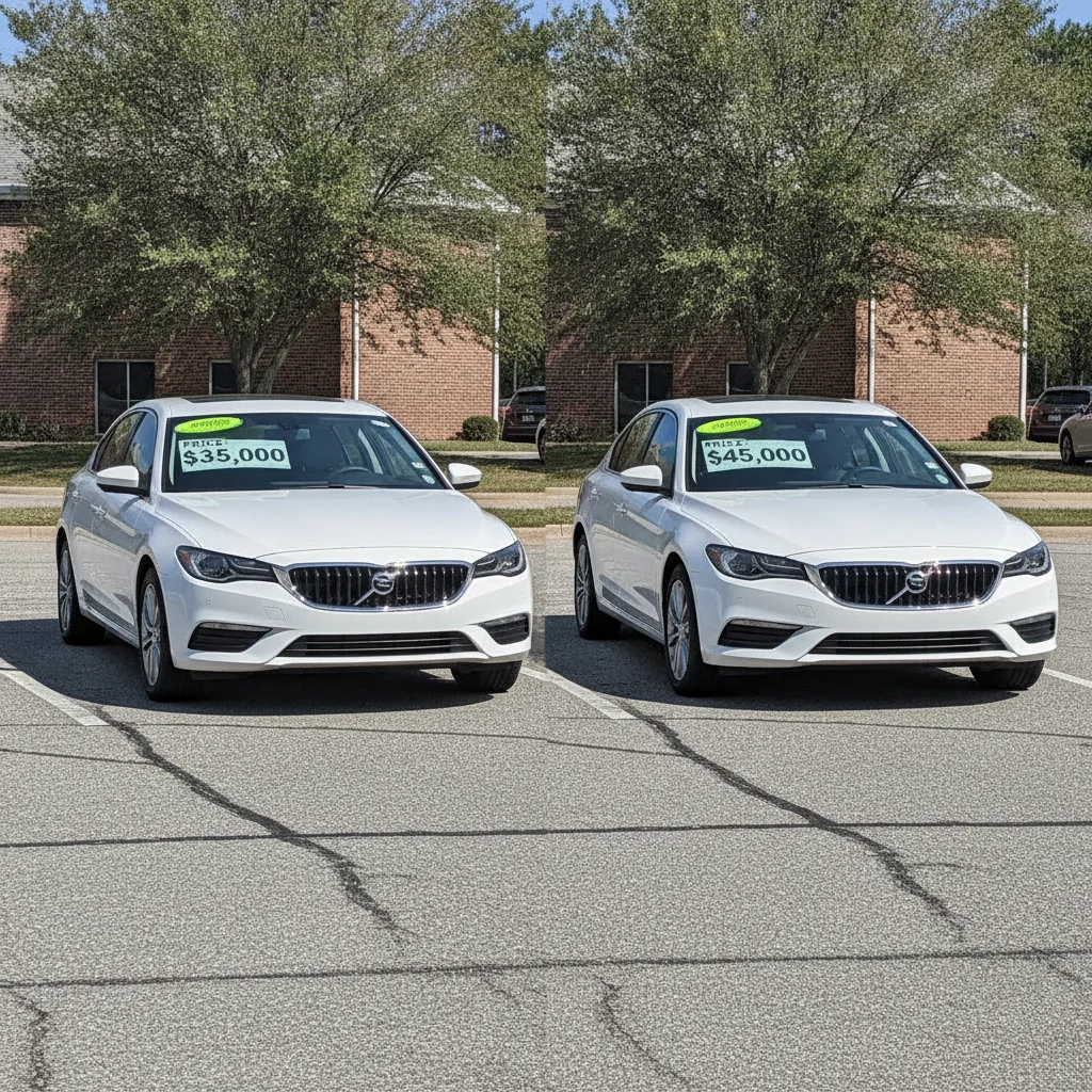 Two identical sedan models parked side by side showing different window sticker prices in a parking lot.