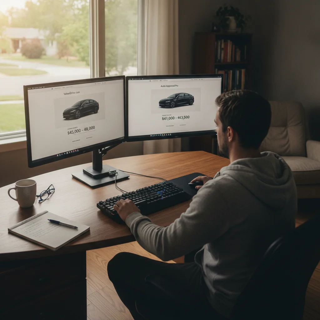 A person comparing different car valuation estimates across multiple websites on a desktop computer.