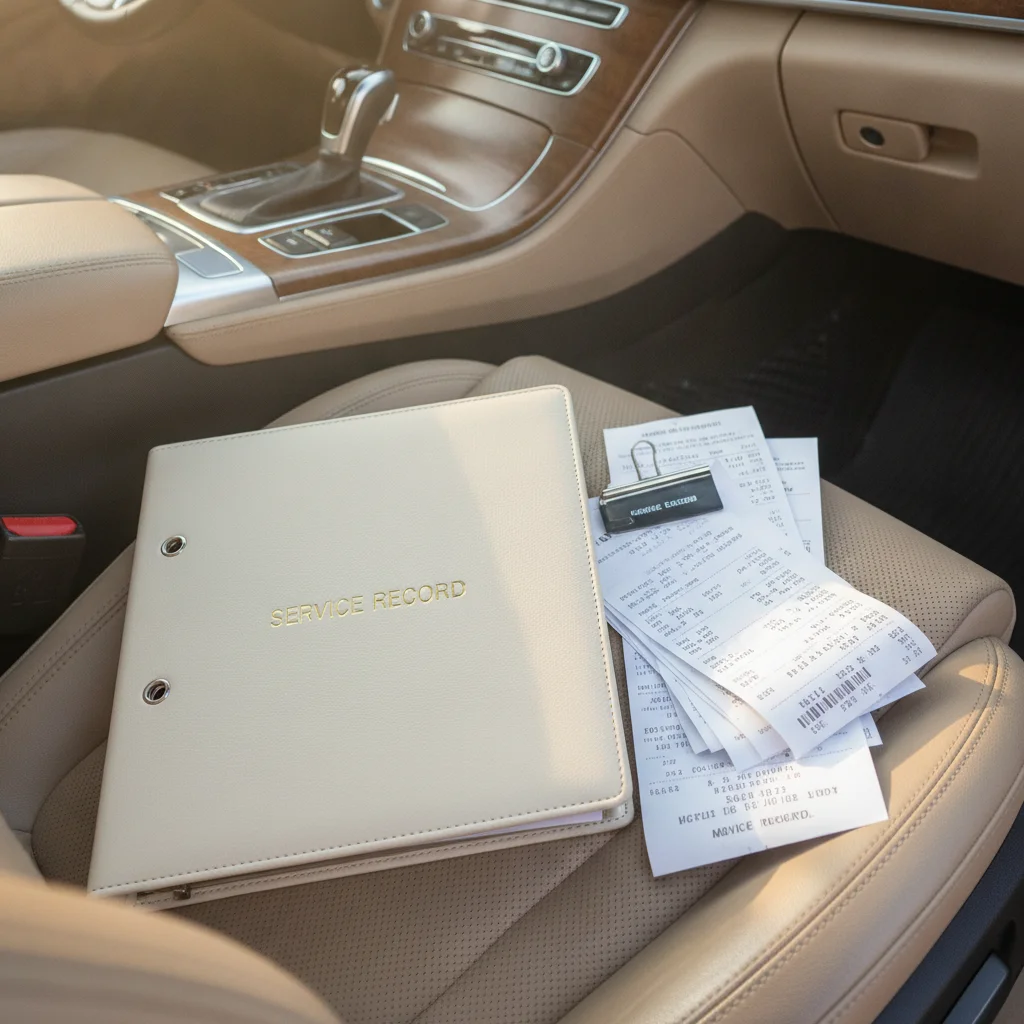 A neatly organized service record binder and maintenance receipts resting on a car's passenger seat.