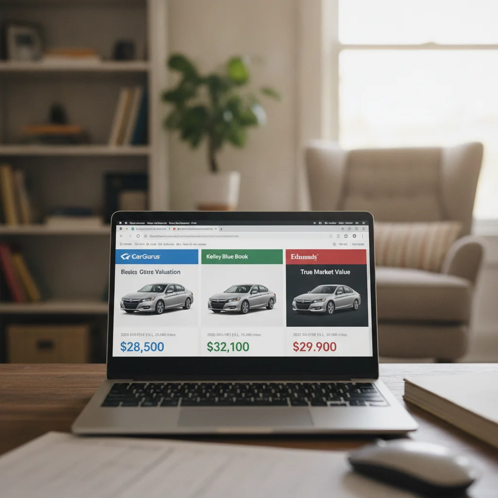 Laptop screen displaying three different car valuation tool results with varying price estimates