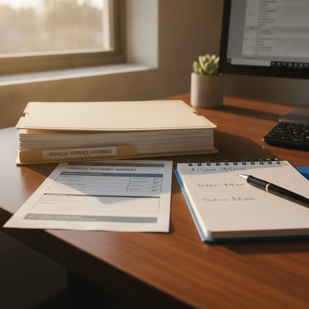 Organized vehicle service records and pricing notes spread on a seller's desk