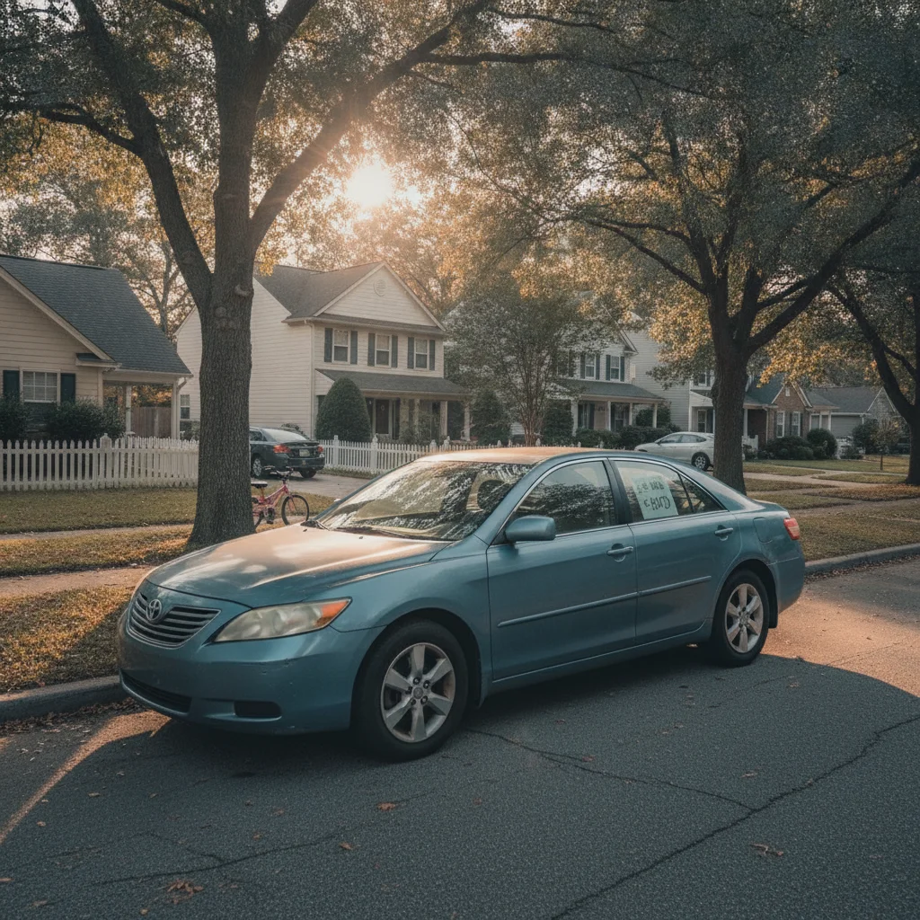 Used car parked on a residential street with a handwritten for-sale sign in the window