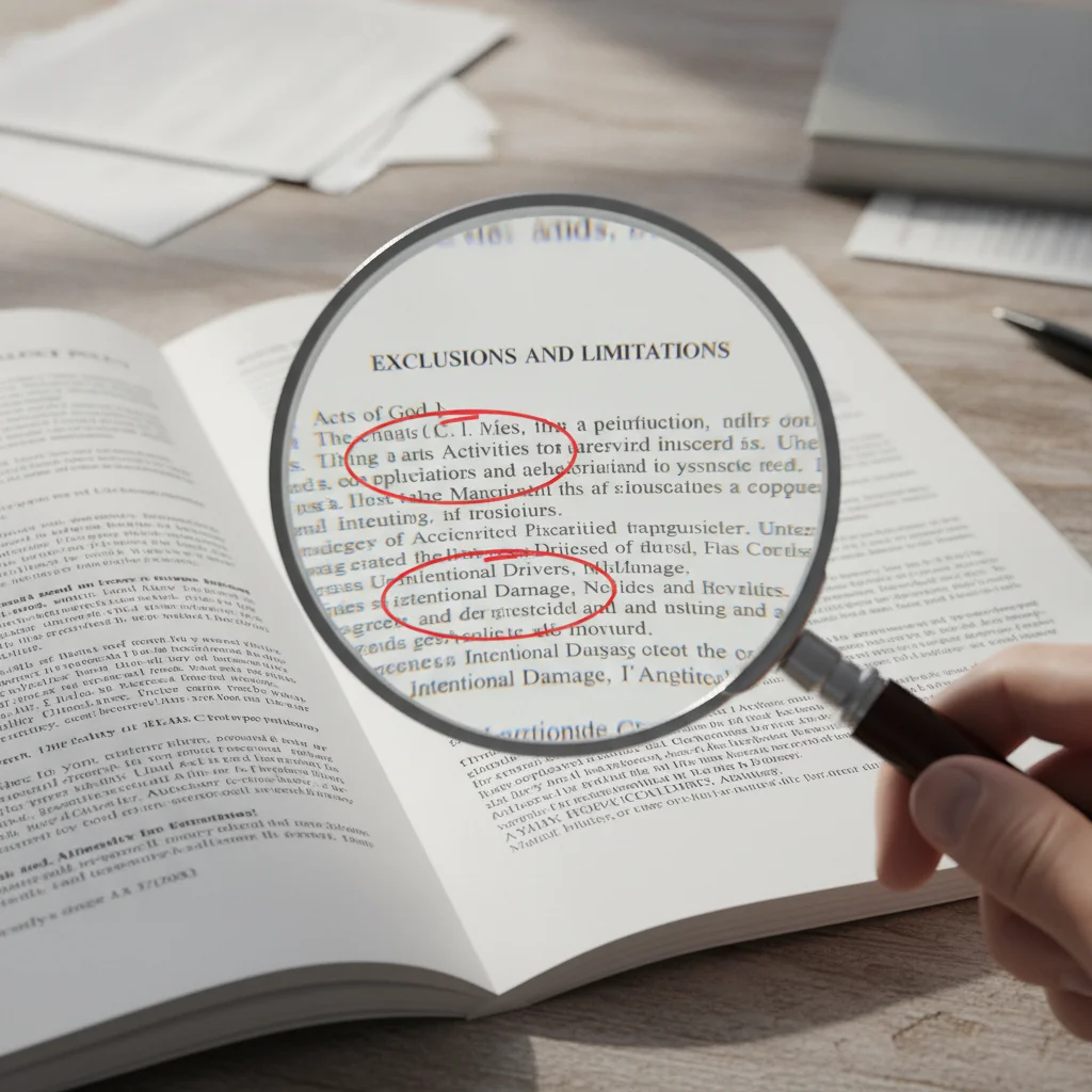 Insurance policy exclusion clauses examined under a magnifying glass on a desk