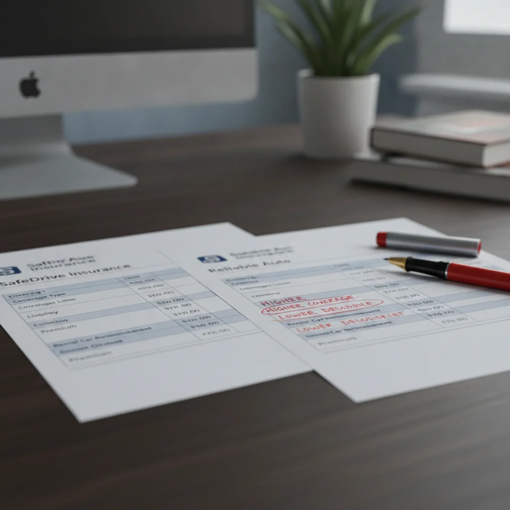 Two auto insurance quotes side by side with coverage differences highlighted in pen