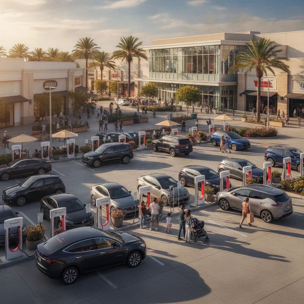 Multiple electric vehicles of various brands plugged in at a busy public charging plaza near a shopping center