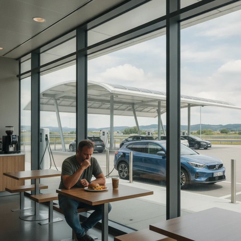 EV driver eating a meal at a highway rest stop while their vehicle charges at a fast-charging station outside
