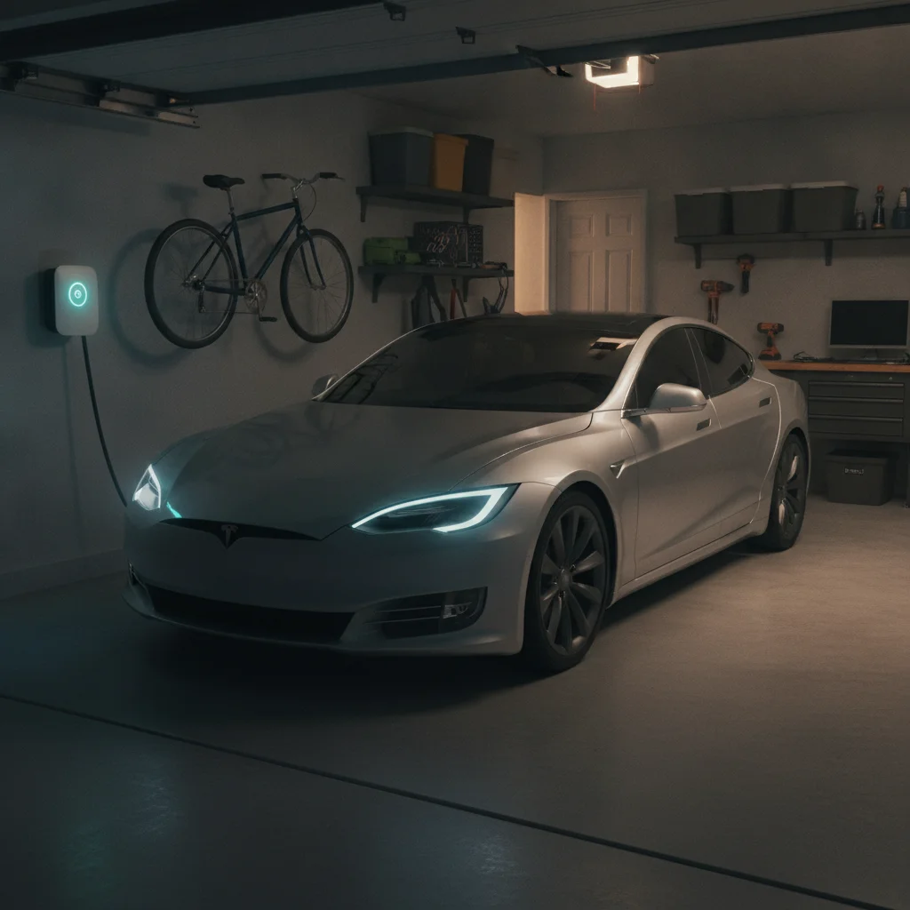 Electric vehicle plugged into a Level 2 home wall charger in a residential garage at night