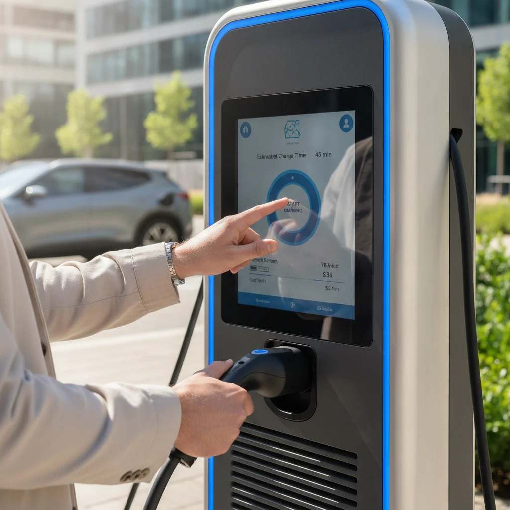 EV driver interacting with a touchscreen payment terminal at a modern public charging station