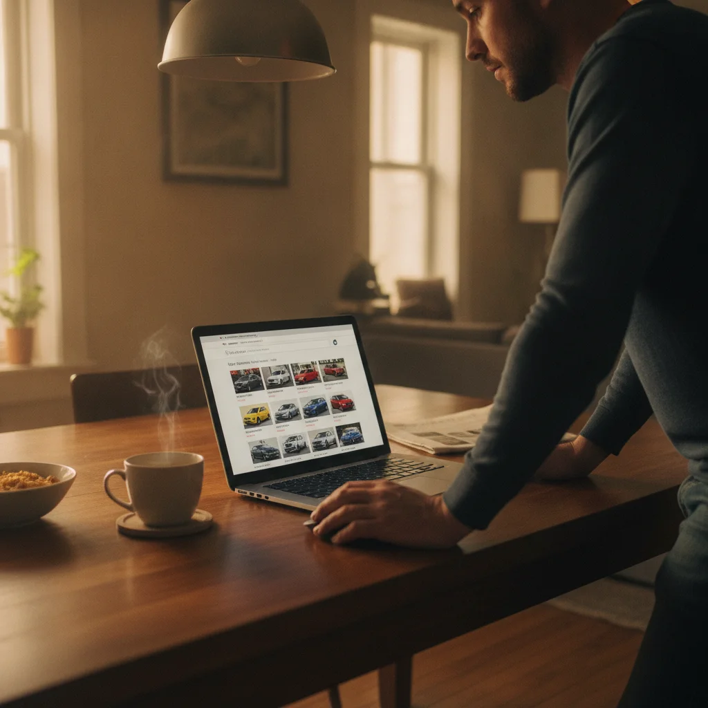 Person researching used car listings on a laptop at home before deciding when to sell