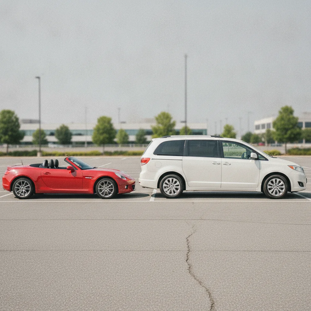 Convertible sports car and family minivan parked side by side showing vehicle type contrast