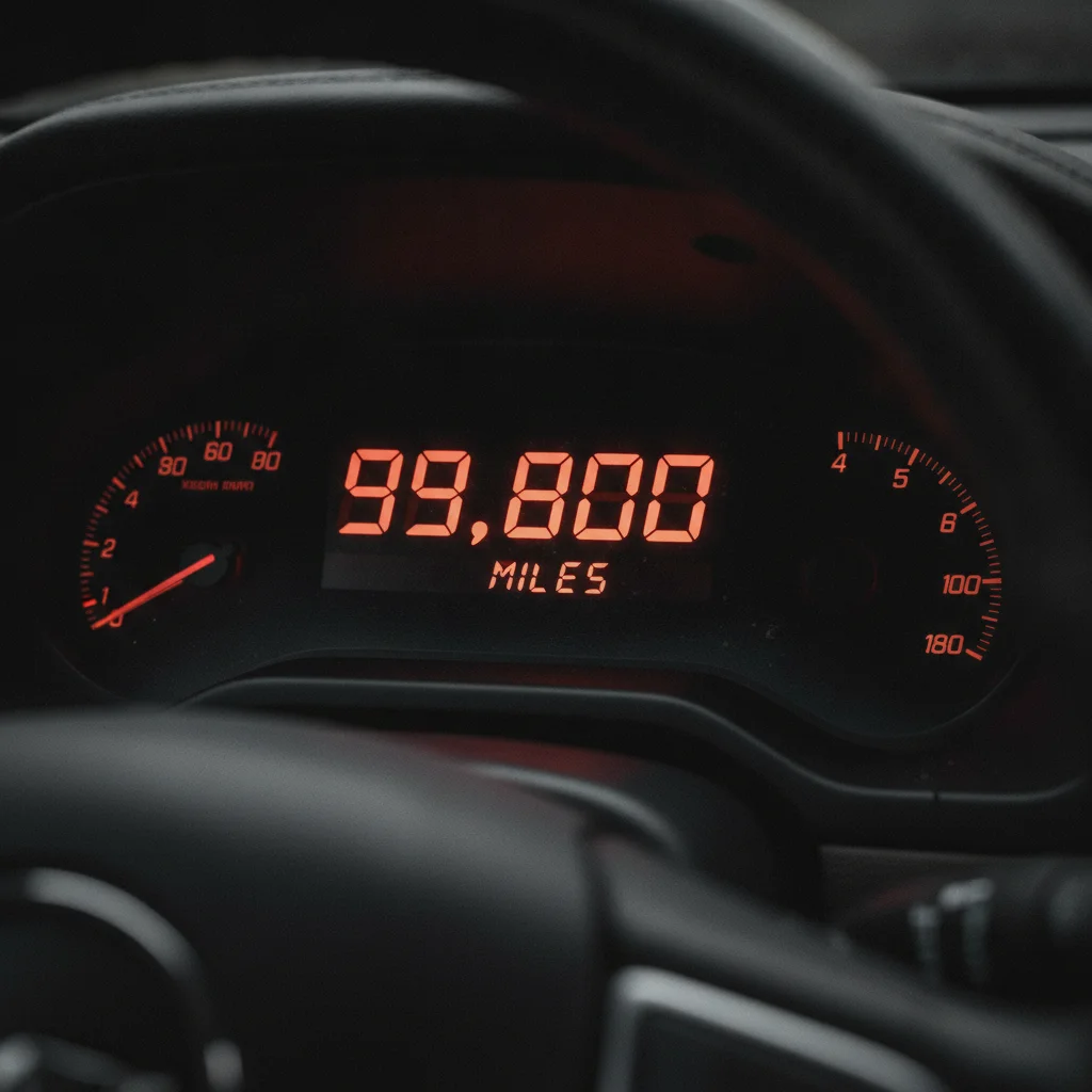 Car odometer reading close to 100,000 miles highlighting a critical mileage resale threshold