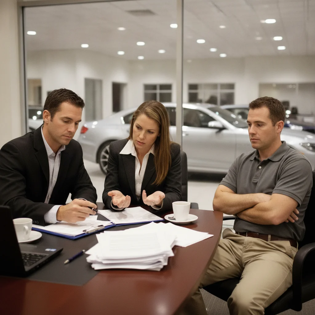 A buyer and two dealership representatives negotiating at a desk with paperwork and a vehicle visible