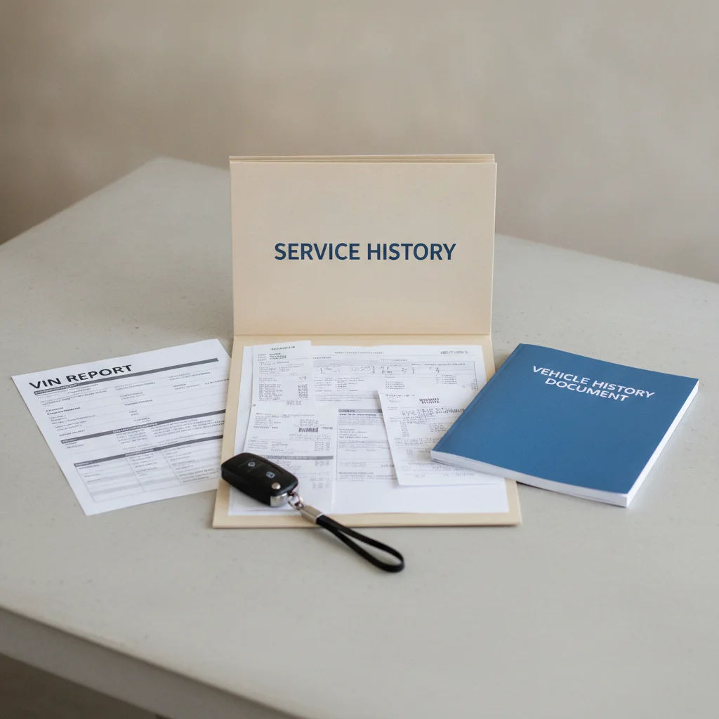 Vehicle service records, maintenance history folder, and car key arranged on a table