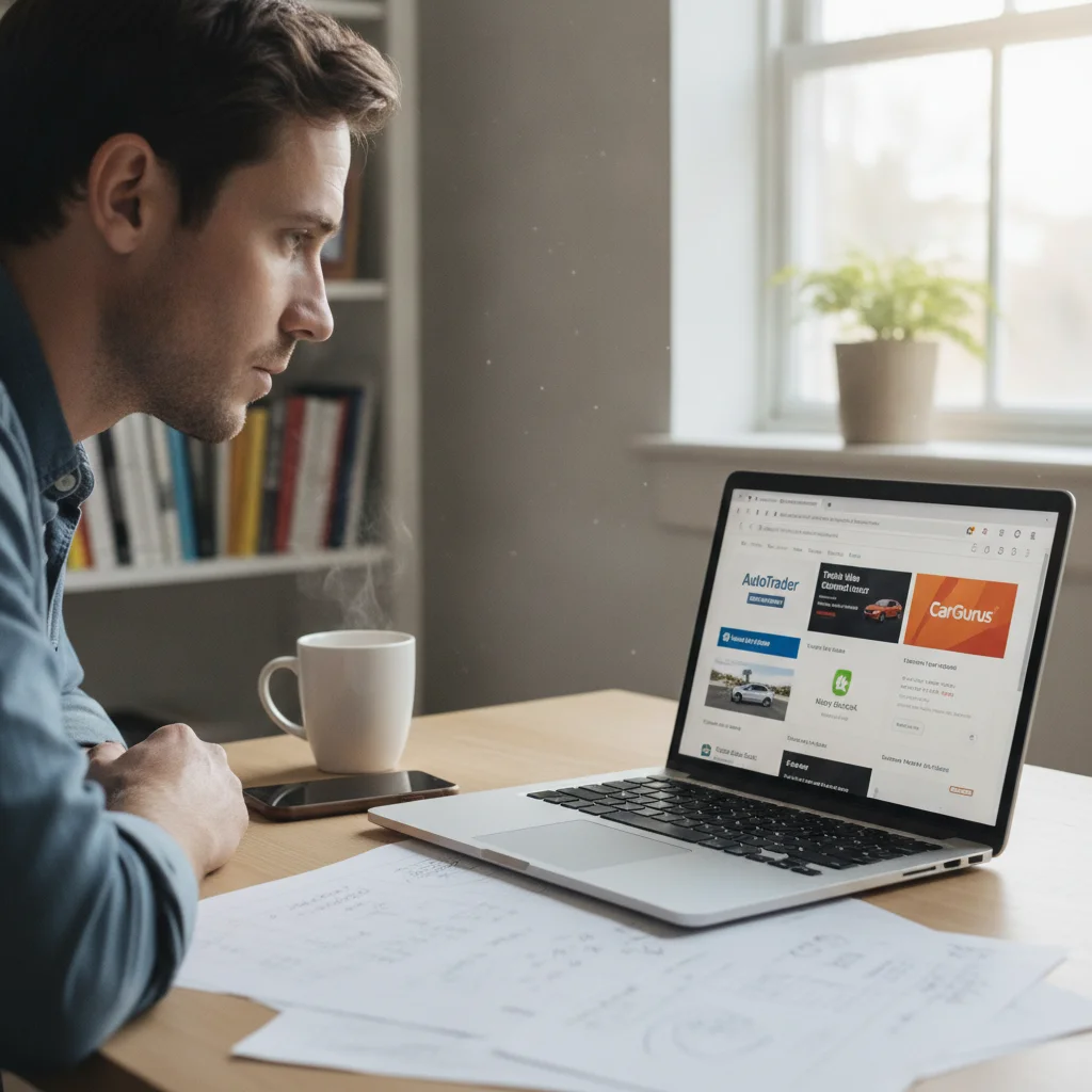 Person comparing multiple online trade-in value estimates on a laptop at home