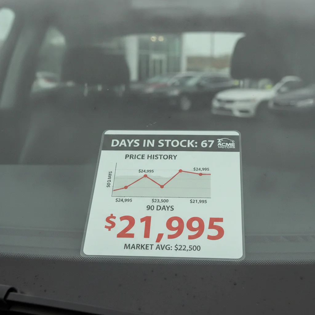 Close-up of a vehicle window sticker showing days on lot and pricing information