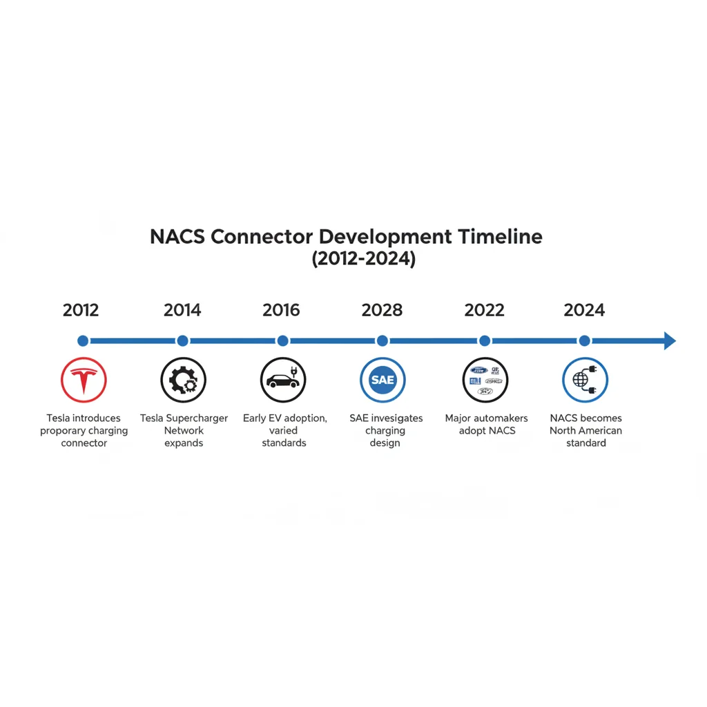 Timeline infographic showing NACS connector development milestones from 2012 to 2024