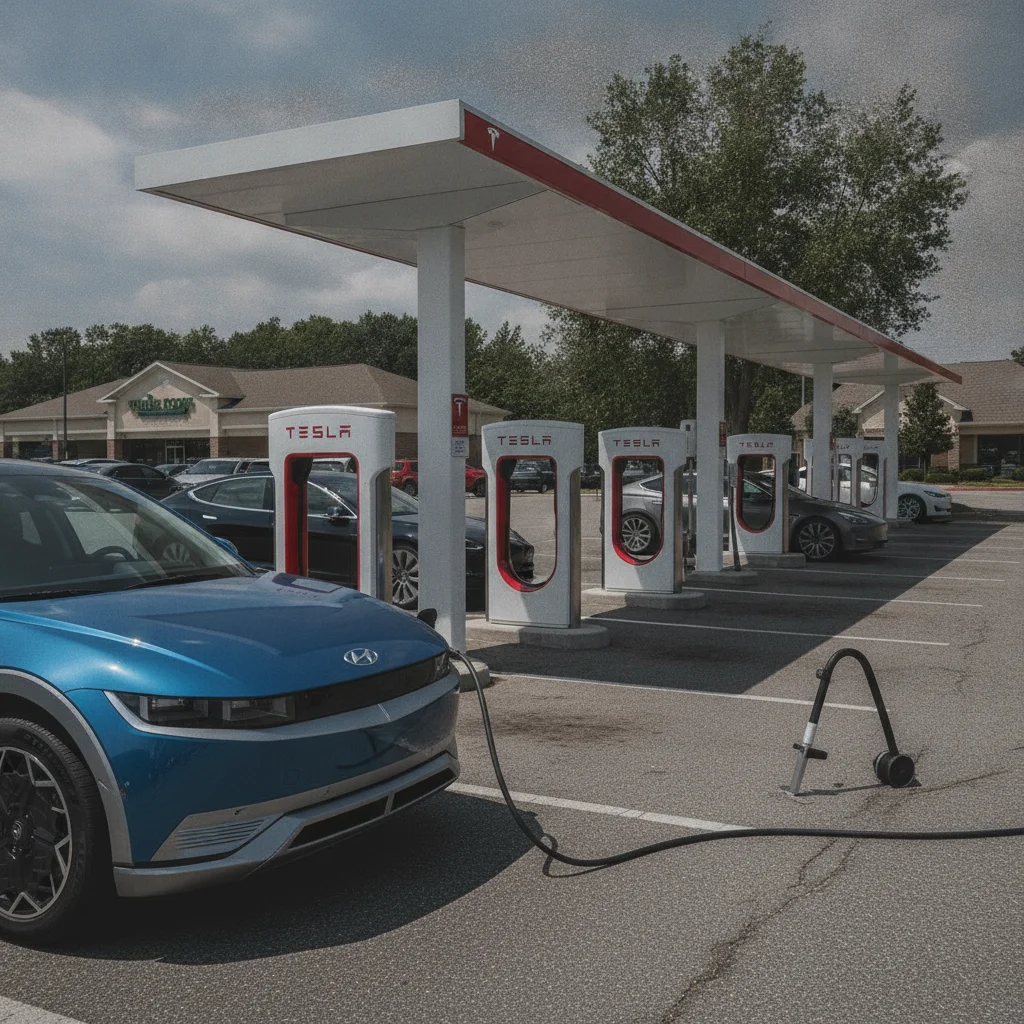 A non-Tesla electric vehicle connected to a Tesla Supercharger using a CCS-to-NACS adapter