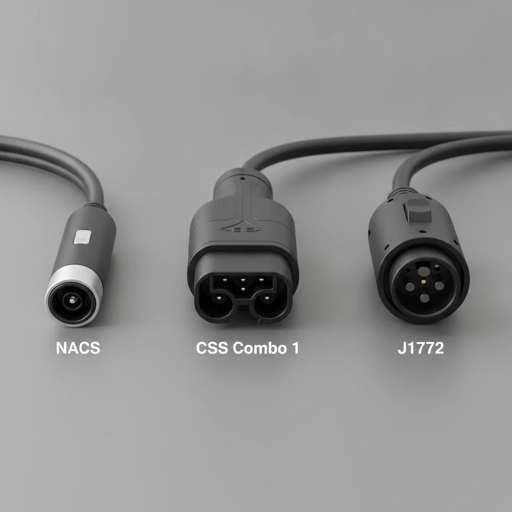Side-by-side comparison of NACS, CCS, and J1772 EV charging connectors on a gray surface