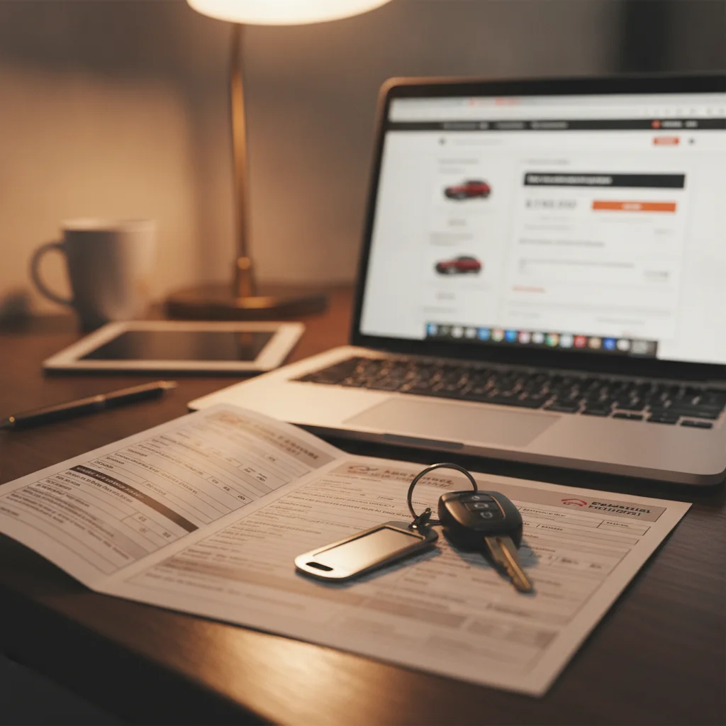 Car dealer appraisal form and laptop showing vehicle valuation data on a desk