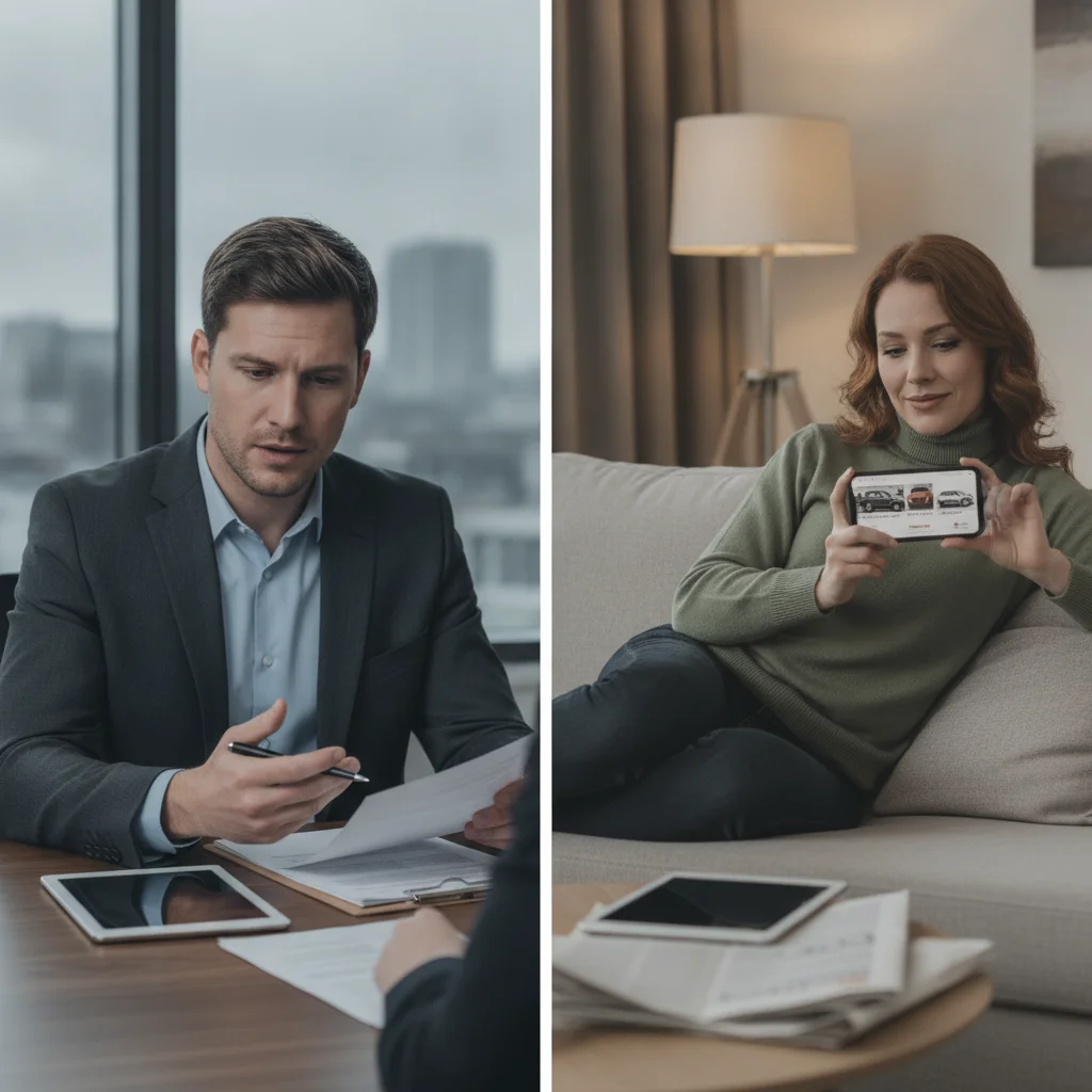 Bank loan officer and private car seller each reviewing different vehicle valuation sources