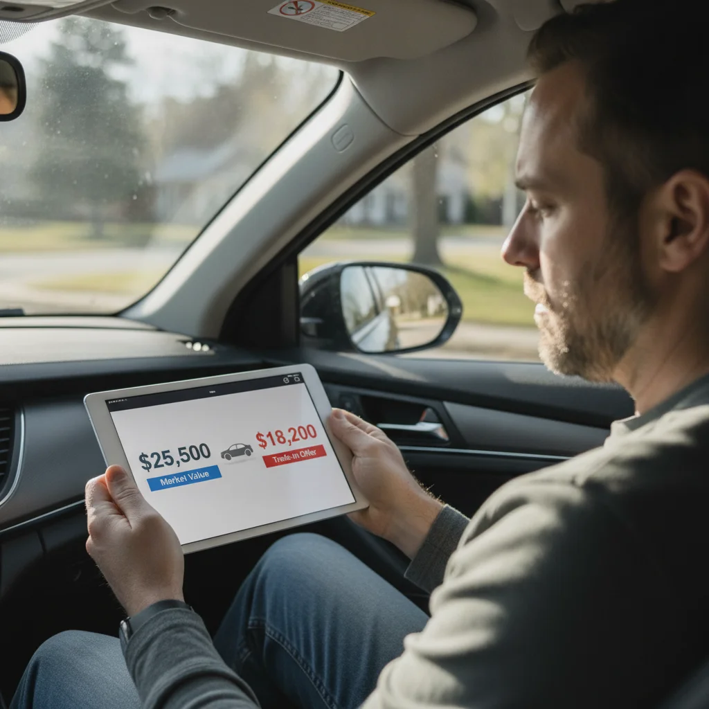 Person reviewing two competing vehicle valuation figures on a tablet inside a car