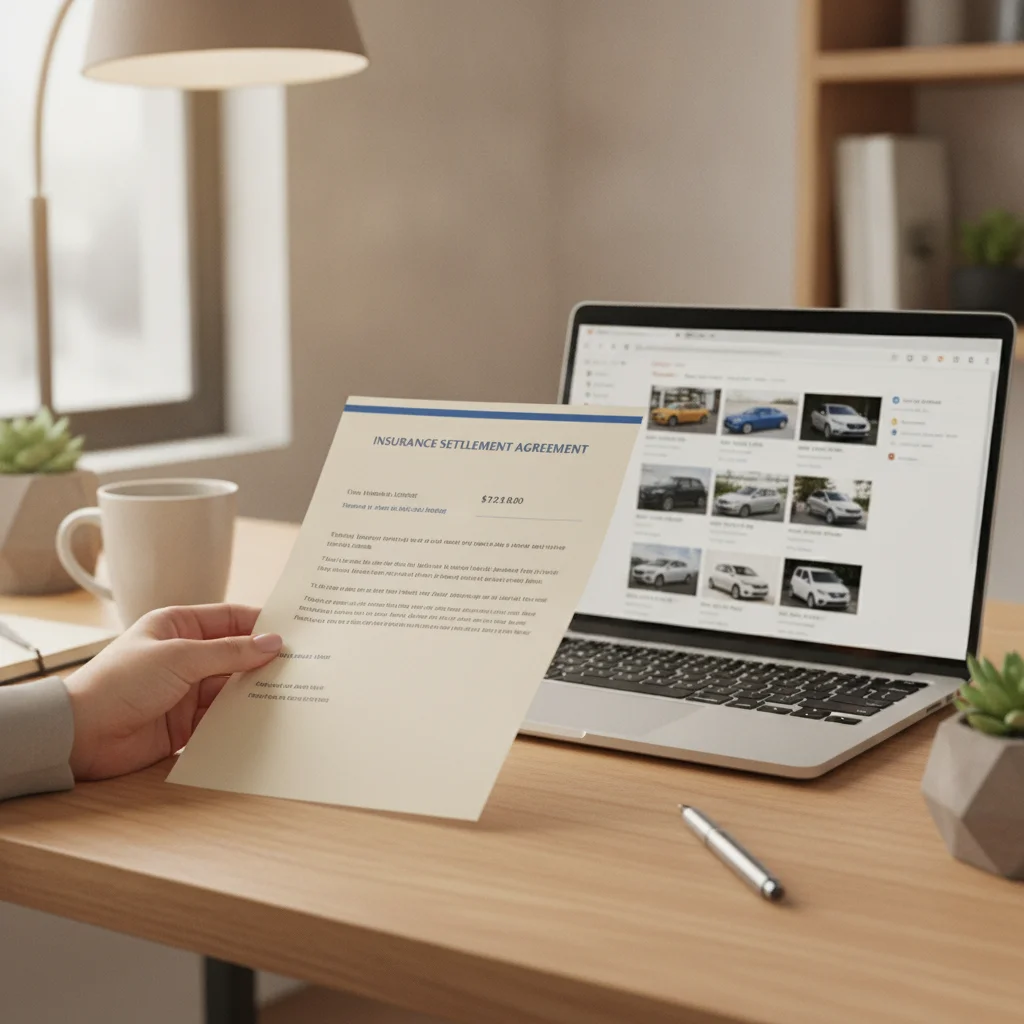 Hand holding an insurance settlement letter next to a laptop displaying vehicle comparison listings.
