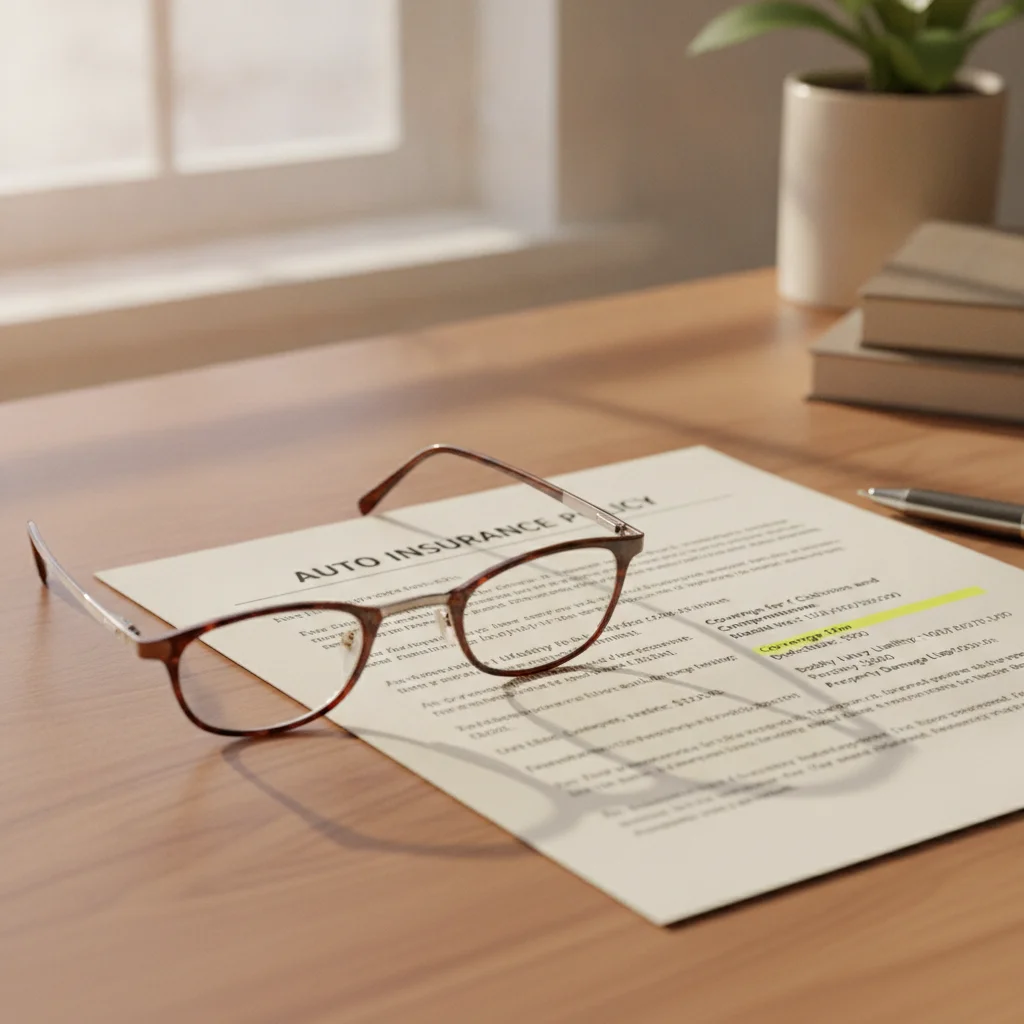 Open auto insurance policy document with highlighted text and reading glasses on a desk.