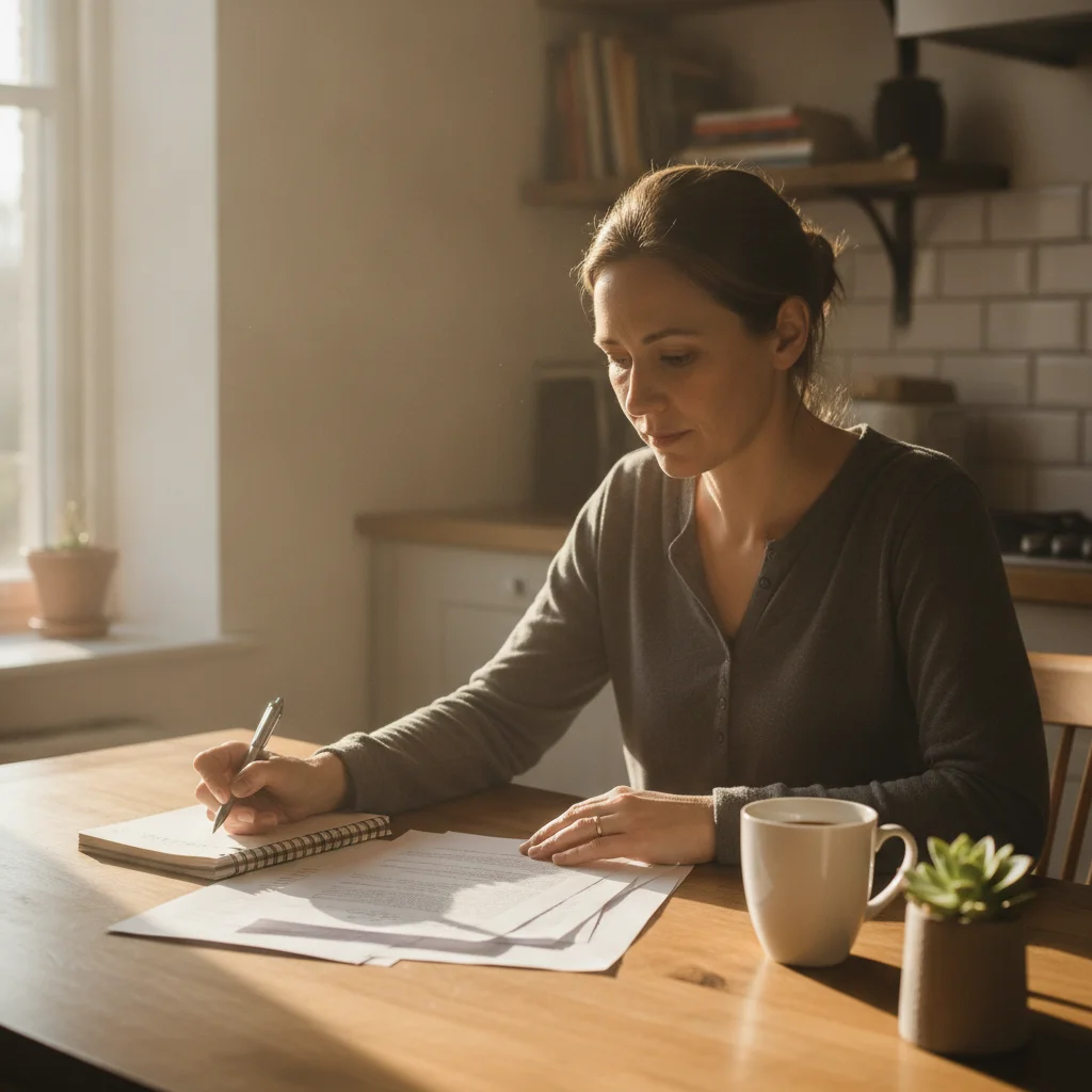 Person calmly reviewing insurance documents and taking notes at a kitchen table with coffee.
