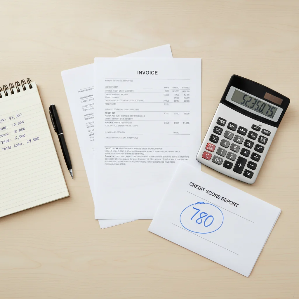 Printed invoice documents, a calculator, credit report, and notepad laid out on a desk for car negotiation prep