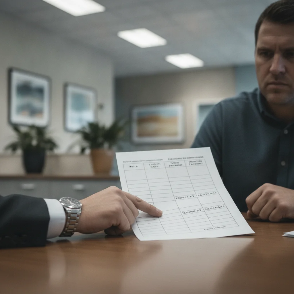 A car dealership four-square worksheet being slid across a desk during a price negotiation