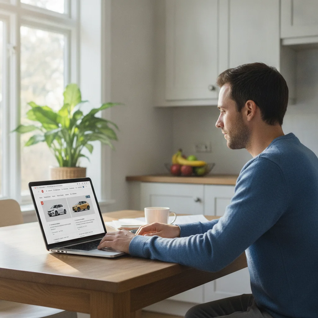 Car buyer comparing dealer quotes on a laptop at home with multiple browser tabs open