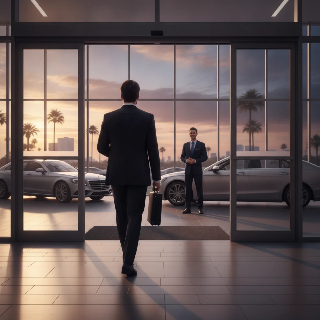 Car buyer walking out through dealership glass doors while salesperson stands in the background
