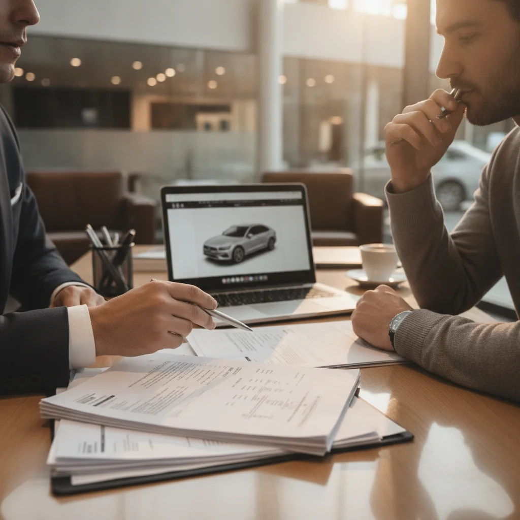 A buyer and salesperson reviewing new car pricing documents at a dealership desk.