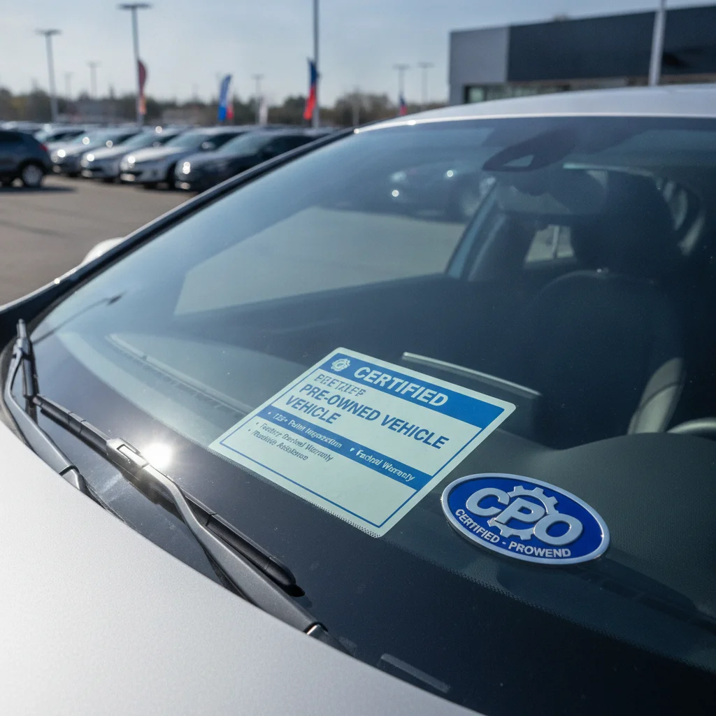 A certified pre-owned vehicle with a CPO badge on the windshield and pricing sticker in a dealership lot.