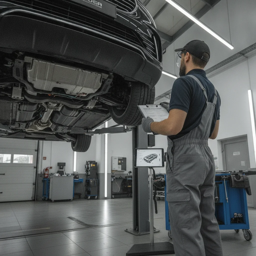A mechanic conducting a multi-point inspection on a vehicle in a dealership service bay for CPO certification.