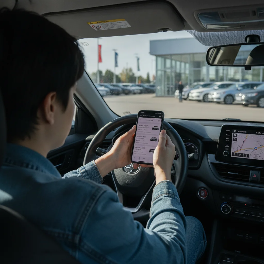 A car buyer using a smartphone to compare CPO vehicle listings while sitting inside a car at a dealership.