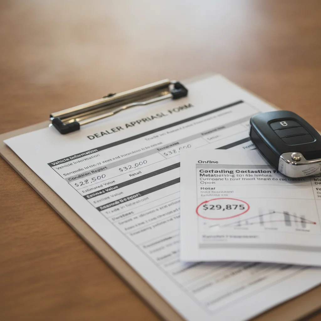 Dealer trade-in appraisal form on clipboard next to printed online vehicle valuation report and car key.
